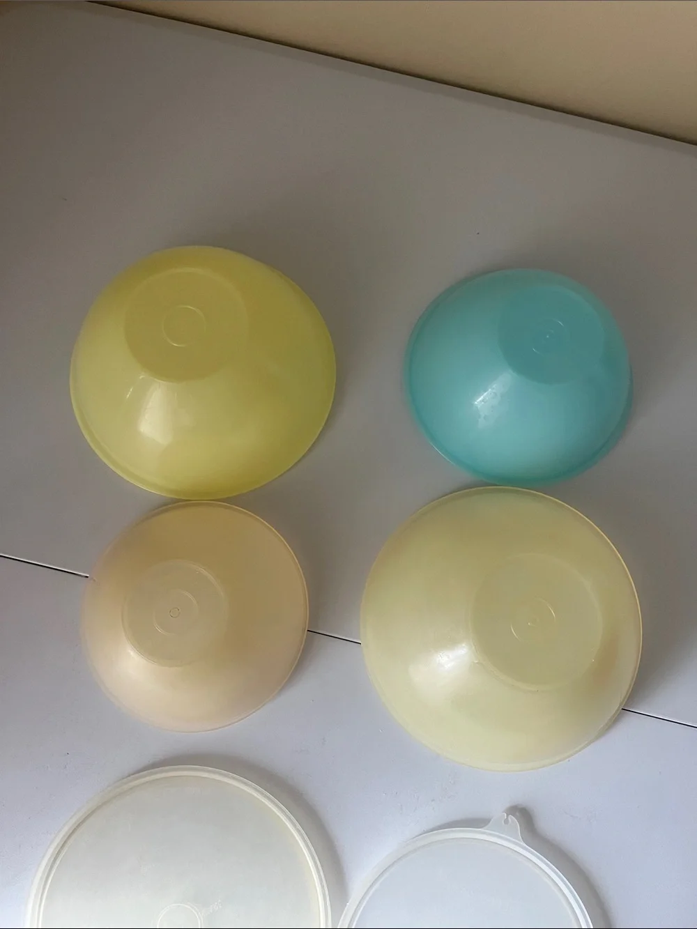vintage Tupperware Round Food Storage Lids Set in Pale Yellow and Light Blue